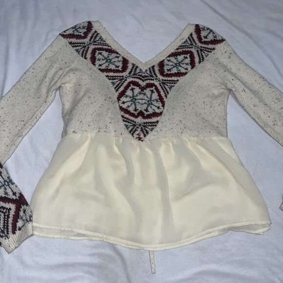 Abercrombie & Fitch S Boho Sweater Blouse W Printed Sleeves Lace Up Small Aztec - Picture 16 of 16